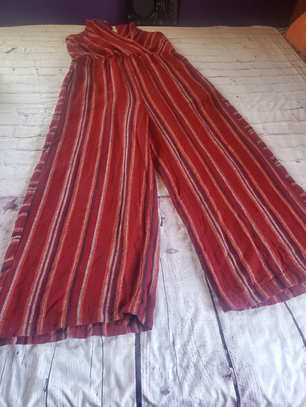 Indigo Rein Linen Blend Jumpsuit Striped Burgundy Sleeveless Wide-leg Beachy XL - Picture 4 of 11